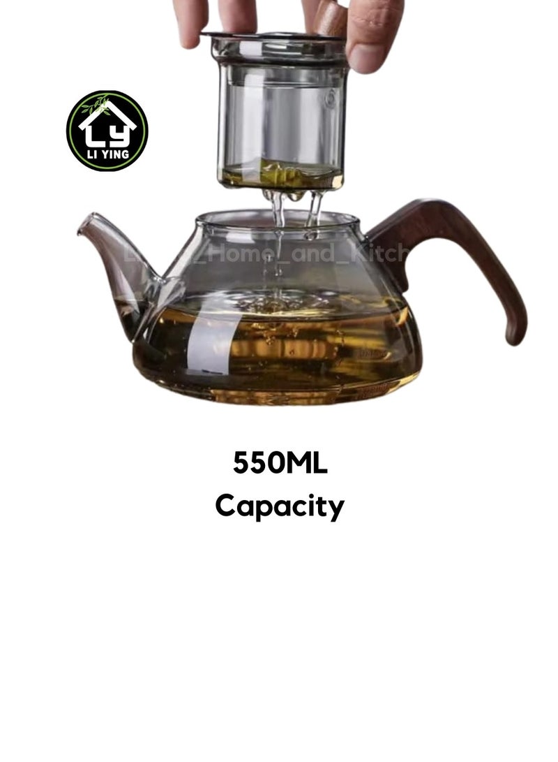 Liying 550ml Glass Tea Kettle With Wooden Handle, Stovetop & microwave-safe glass Borosilicate Teapot, Teapot With Infuser  - Image 3
