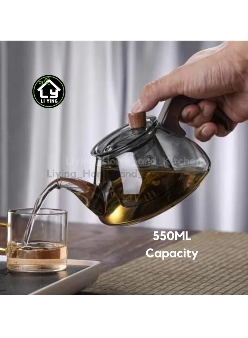 Liying 550ml Glass Tea Kettle With Wooden Handle, Stovetop & microwave-safe glass Borosilicate Teapot, Teapot With Infuser  - Image 4