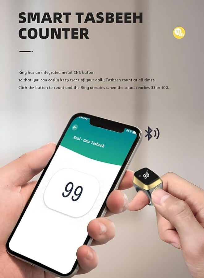 خاتم تسبيح ذكي Zikr1 Lite بشاشة OLED وBluetooth 5.1 وعداد رقمي للأذكار قابل لإعادة الشحن عبر USB ومقاوم للماء وتذكير بالصلاة 7.7 جم - Image 3