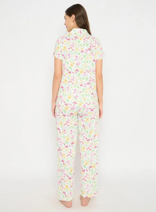 Clovia Women Floral Print Button Down Shirt & Pyjama Set by Styli