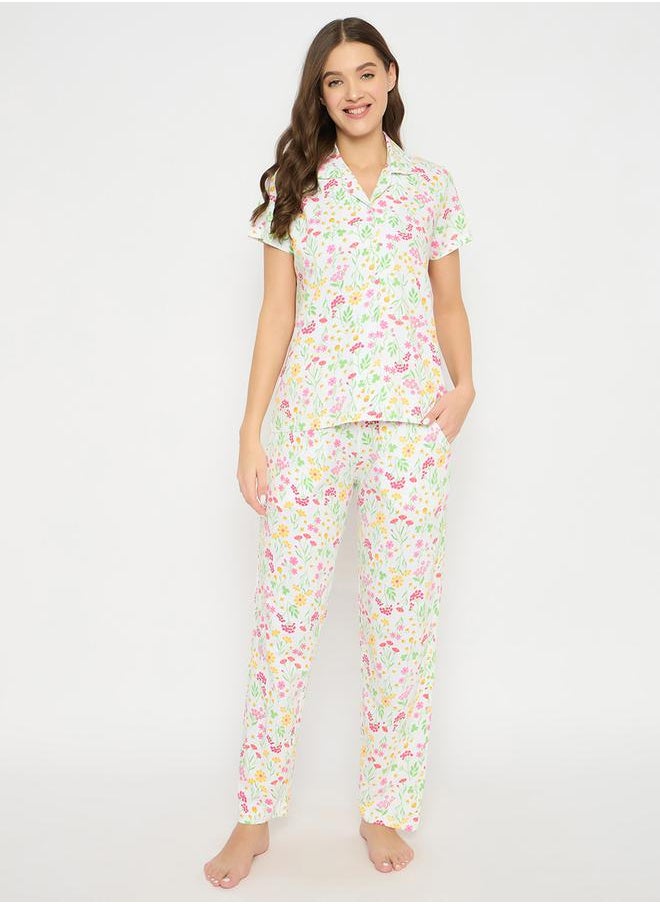 Clovia - Women Floral Print Button Down Shirt & Pyjama Set by Styli - Image 1