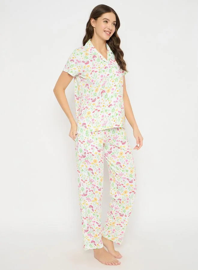 Clovia Women Floral Print Button Down Shirt & Pyjama Set by Styli
