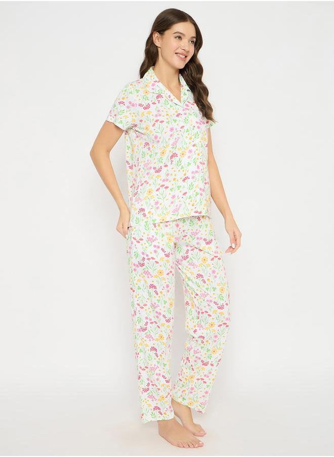 Clovia - Women Floral Print Button Down Shirt & Pyjama Set by Styli - Image 1