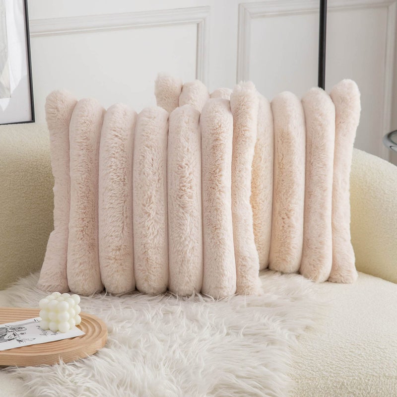 Neelvin Beige Faux Fur Cozy Soft Striped Decorative Throw Pillow Covers 20x20 inch Set of 2 Velvet Pillowcase Cushion Case for Sofa Couch - Image 1