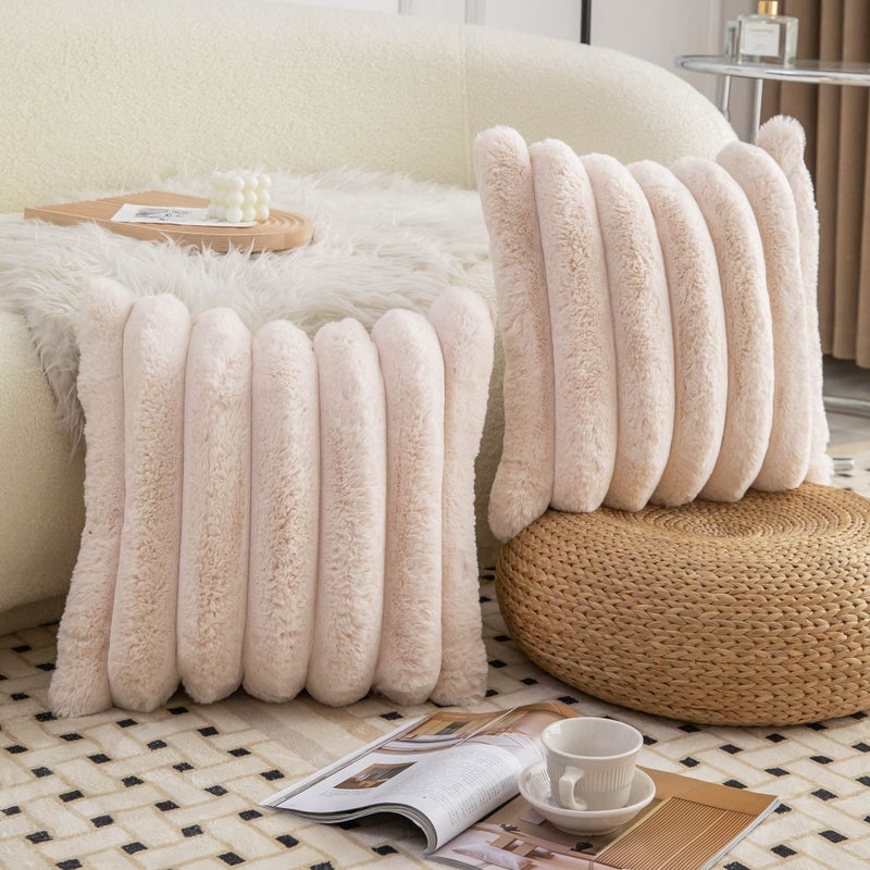 Neelvin Beige Faux Fur Cozy Soft Striped Decorative Throw Pillow Covers 20x20 inch Set of 2 Velvet Pillowcase Cushion Case for Sofa Couch - Image 3