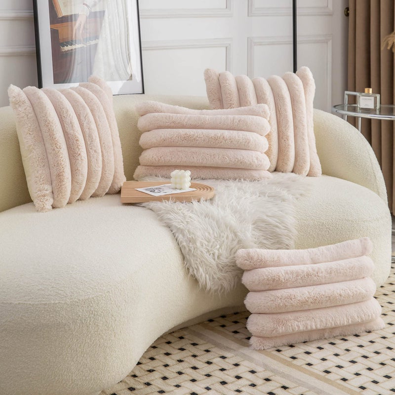 Neelvin Beige Faux Fur Cozy Soft Striped Decorative Throw Pillow Covers 20x20 inch Set of 2 Velvet Pillowcase Cushion Case for Sofa Couch - Image 4