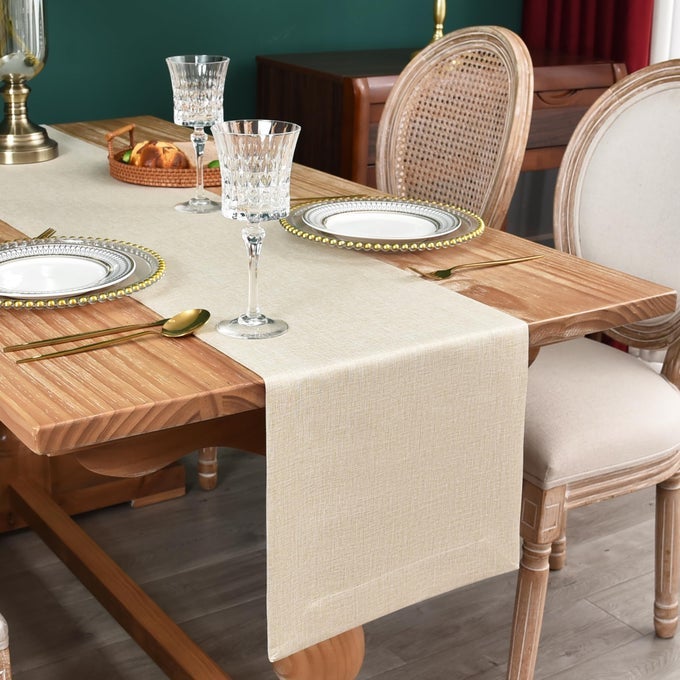 FARMHOUSE RUSTIC TABLE RUNNER SOLID BEIGE RECTANGULAR TABLE RUNNERS FAUX LINEN TABLE RUNNER FOR EVERYDAY USE KITCHEN DINING PARTY TABLE 13X72 INCH