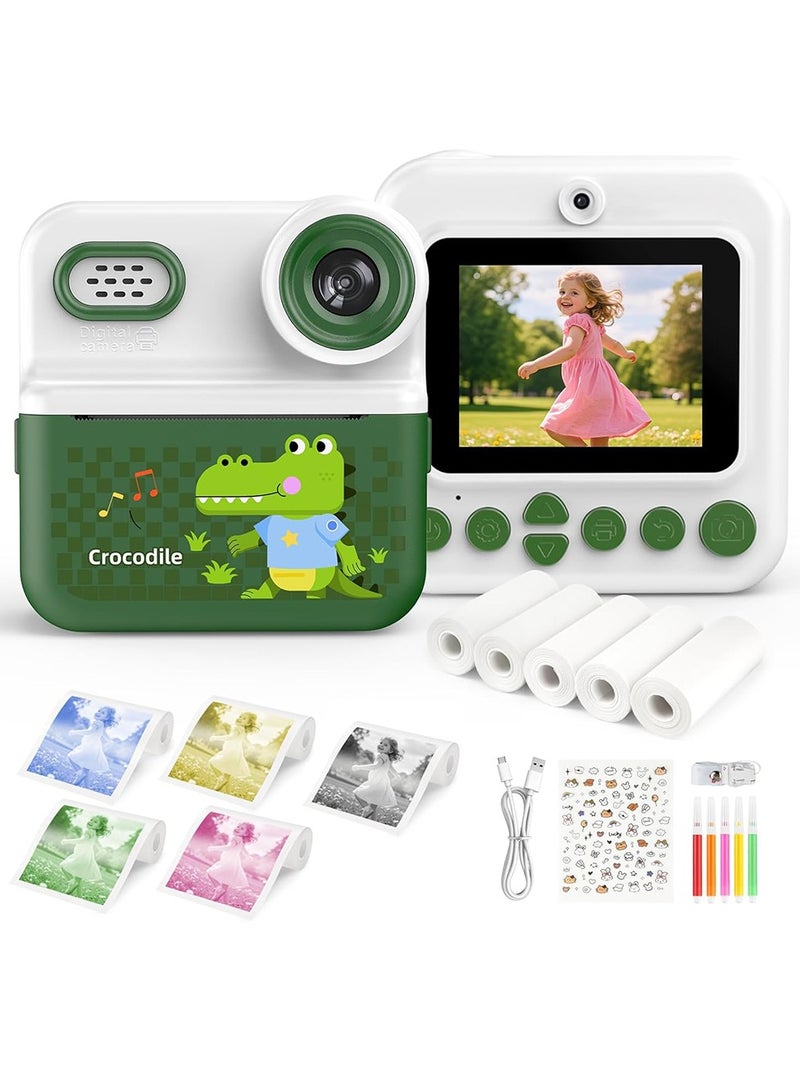 كاميرا P03 الفورية المحمولة للأطفال مع طباعة نمطية، شاشة عالية الدقة 2.4 بوصة، 1080 بكسل، كاميرات مزدوجة، هدية للأولاد والبنات - أخضر - Image 1