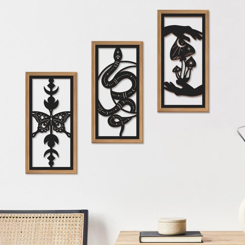 IARTTOP 3 Pcs Black Gothic Wall Art Boho Witchy Moon Phases Butterfly Wood Wall Decor Snake Decor Hanging Art Dark Mushroom Artwork Home Decor for Apartment Living Room Bedroom 7.9 x15.8 Inch - Image 2