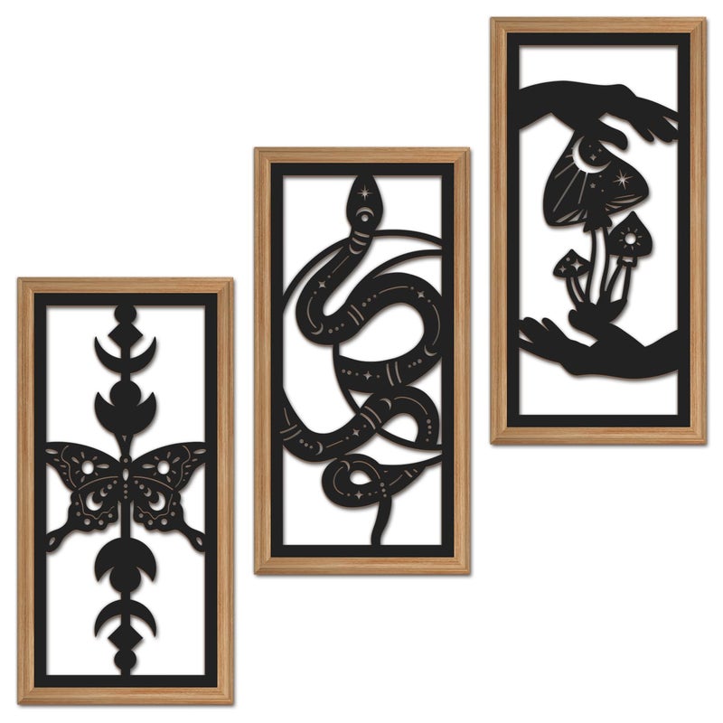 IARTTOP 3 Pcs Black Gothic Wall Art Boho Witchy Moon Phases Butterfly Wood Wall Decor Snake Decor Hanging Art Dark Mushroom Artwork Home Decor for Apartment Living Room Bedroom 7.9 x15.8 Inch - Image 1