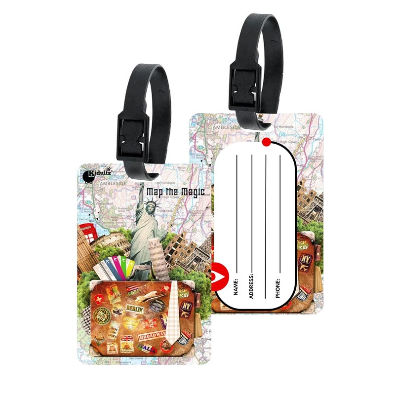 (Set of 10) Synthetic Luggage Tags with Black Strap Loop | Durable, Waterproof, Anti-Break Travel ID Tags for Suitcases, Backpacks, School & Office Bags (Model No.54)
