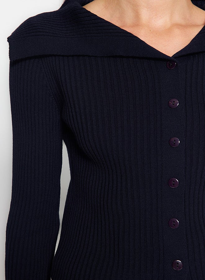 Navy Blue Turn-down Collar Knitwear Cardigan TWOAW24HI00284