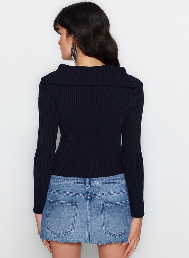 Navy Blue Turn-down Collar Knitwear Cardigan TWOAW24HI00284