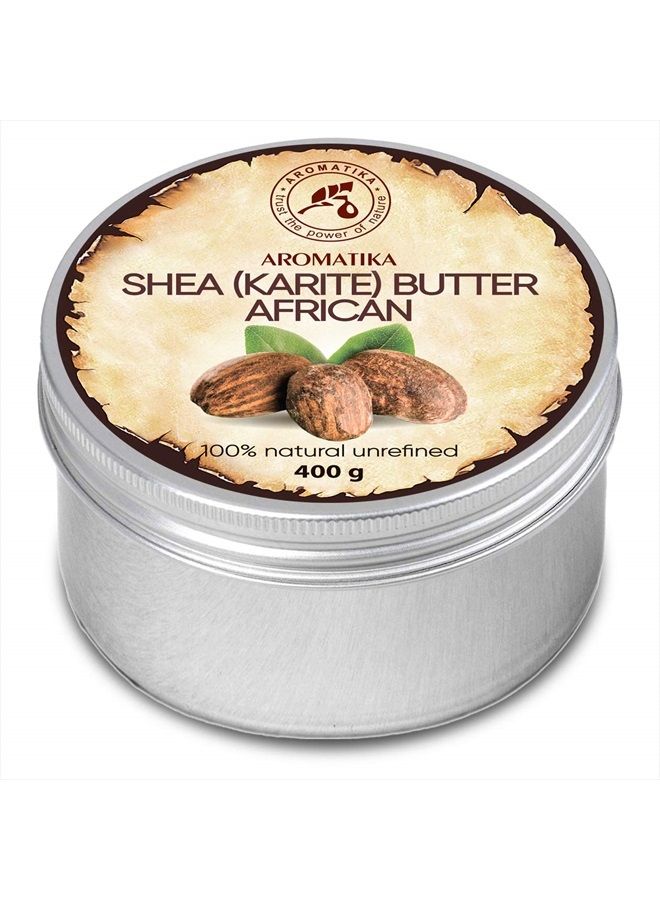 Aromatika زبدة الشيا الباردة المضغوطة 14.1 أونصة - زبدة الشيا الأفريقية غير المكررة - غانا - 100% نقية وطبيعية - الأفضل للشعر - البشرة - الشفاه - الوجه - العناية بالجسم - زبدة الشيا كاريتي - علبة ألمنيوم - Image 1