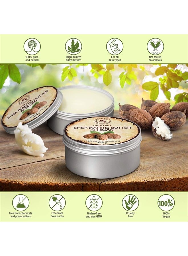 Aromatika زبدة الشيا الباردة المضغوطة 14.1 أونصة - زبدة الشيا الأفريقية غير المكررة - غانا - 100% نقية وطبيعية - الأفضل للشعر - البشرة - الشفاه - الوجه - العناية بالجسم - زبدة الشيا كاريتي - علبة ألمنيوم - Image 2