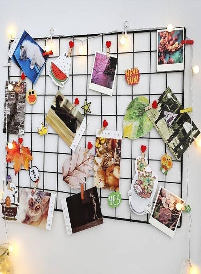 Pixie Daisy Wire Grid Photo Display Board, Metal Frame, 65x45 cm, Modern Style,Wall Mount with Square Shape, Home Decor Wooden Clip 10 pcs , Metal Mesh Memory Wall, Black, Decorative Clip Board for Pictures Grid Wall Hanging Photo Frame - Image 1