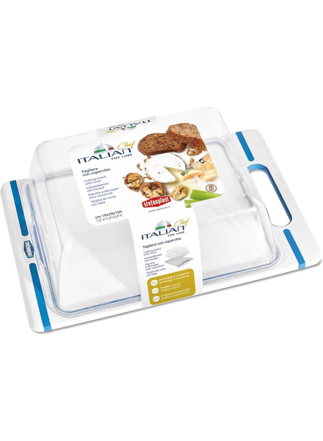 Stefanplast Italian Chef Top Line Plastic Cutting Board With Lid, 34 X 22 Cm Size, White/Blue - Image 1