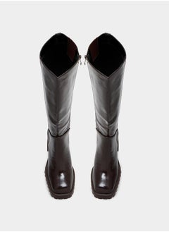 RAID Square Toe Block Heel Knee High Boots by Styli  - Image 5