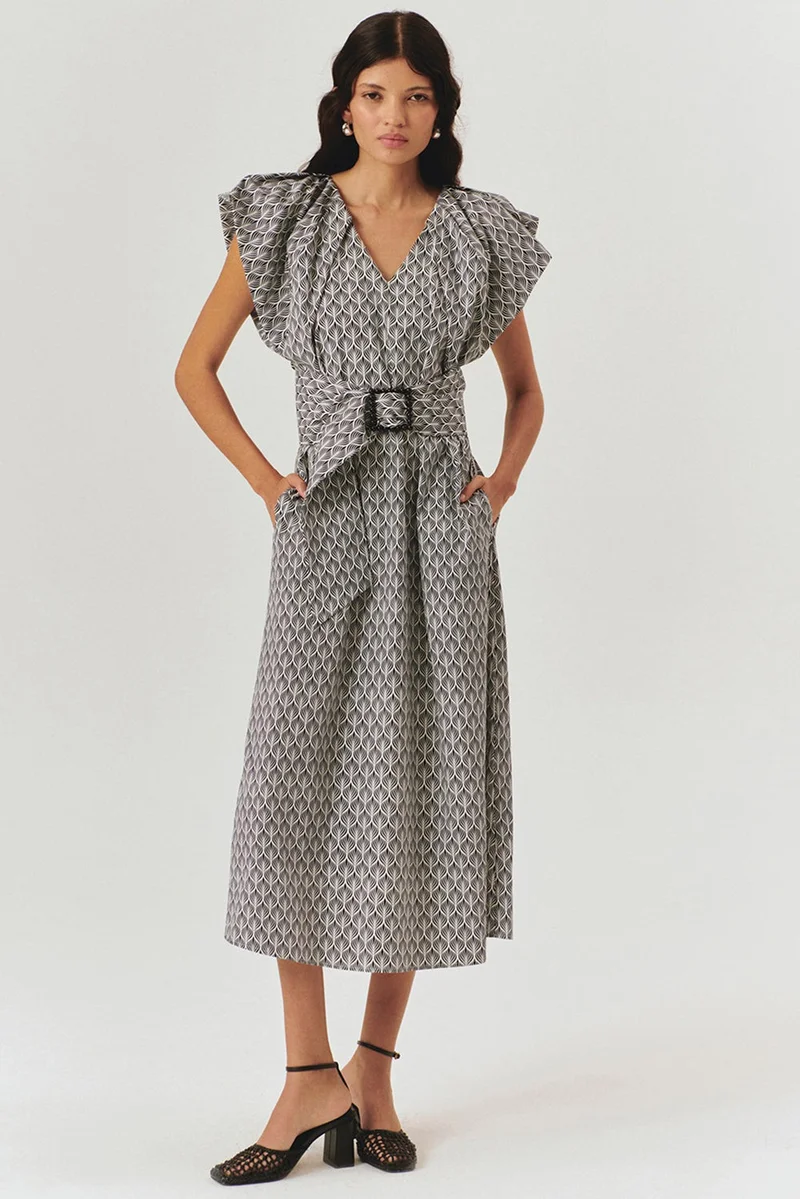 EXQUISE V-Neck Straight Cut Patterned Midi Dress