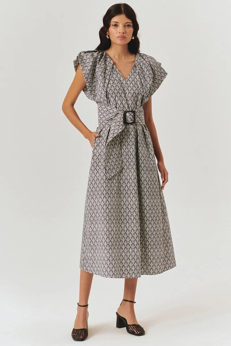 EXQUISE V-Neck Straight Cut Patterned Midi Dress