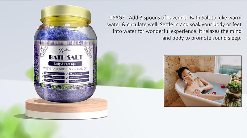 R Wellness Bath Salt Lavender Essential Oil Pure Sea Salt Vitamin ECoconut Camphor Tea Tree Oil Bath salt For Relaxing Herbal Bath Salt Bath Salt for Pain Relief 900 gm - Image 3