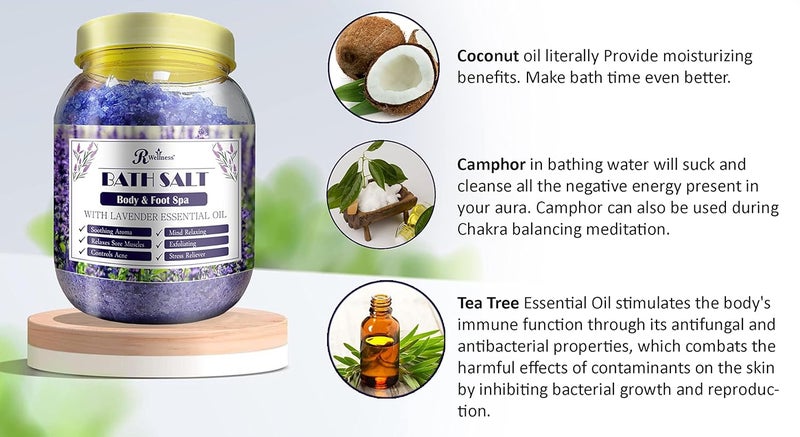 R Wellness Bath Salt Lavender Essential Oil Pure Sea Salt Vitamin ECoconut Camphor Tea Tree Oil Bath salt For Relaxing Herbal Bath Salt Bath Salt for Pain Relief 900 gm - Image 4