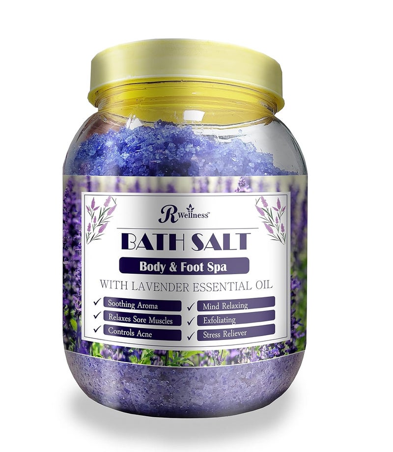 R Wellness Bath Salt Lavender Essential Oil Pure Sea Salt Vitamin ECoconut Camphor Tea Tree Oil Bath salt For Relaxing Herbal Bath Salt Bath Salt for Pain Relief 900 gm - Image 1