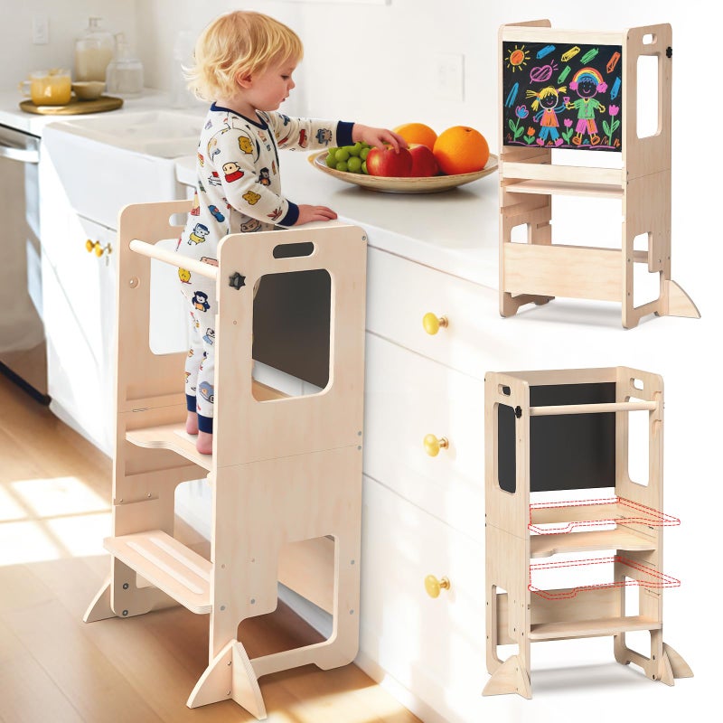 Worldmx Toddler Kitchen Step Stool, Adjustable Height Learning Standing Tower with Blackboard, Wooden Kitchen Stool Helper for Kids, 1-3 Year Old Boy Girl Gifts - Image 1