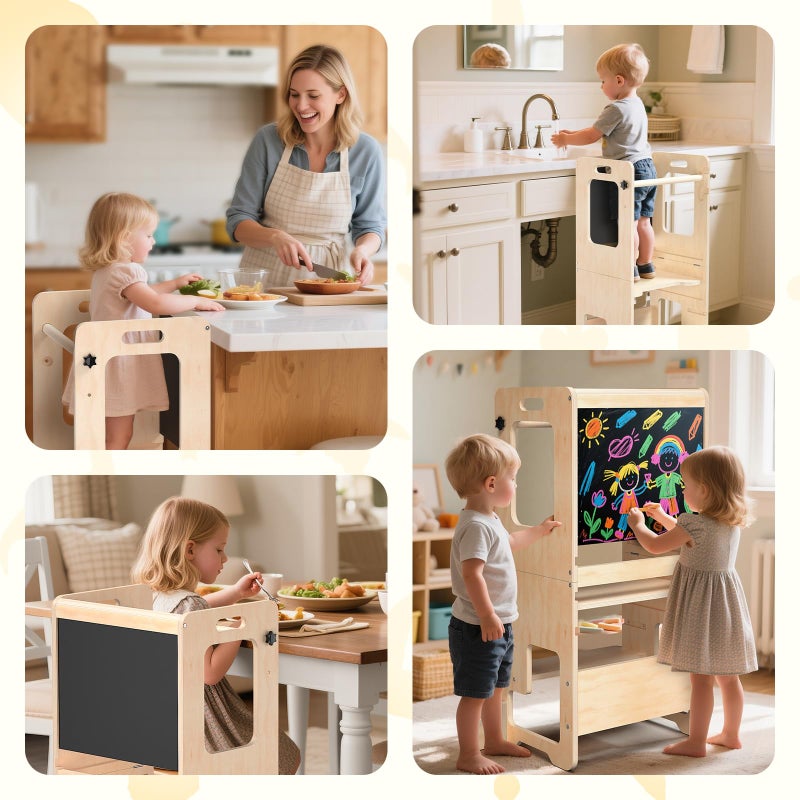 Worldmx Toddler Kitchen Step Stool, Adjustable Height Learning Standing Tower with Blackboard, Wooden Kitchen Stool Helper for Kids, 1-3 Year Old Boy Girl Gifts - Image 4