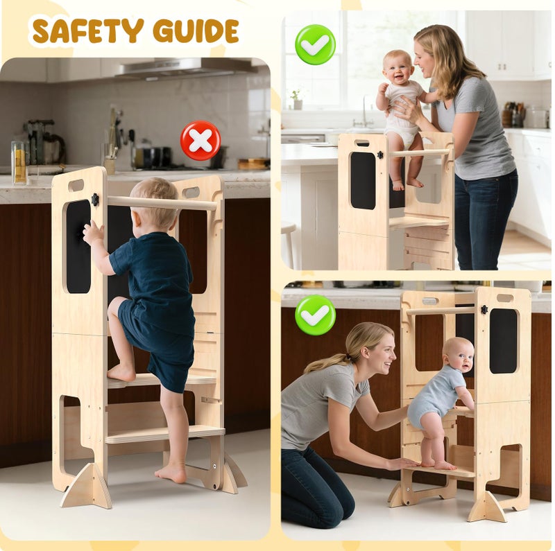 Worldmx Toddler Kitchen Step Stool, Adjustable Height Learning Standing Tower with Blackboard, Wooden Kitchen Stool Helper for Kids, 1-3 Year Old Boy Girl Gifts - Image 5