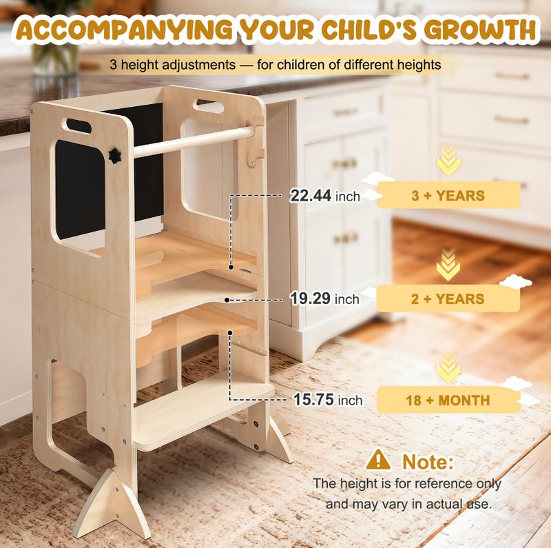 Worldmx Toddler Kitchen Step Stool, Adjustable Height Learning Standing Tower with Blackboard, Wooden Kitchen Stool Helper for Kids, 1-3 Year Old Boy Girl Gifts - Image 3