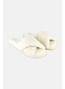 Women Faux Fur Slip On Slippers, Ivory
