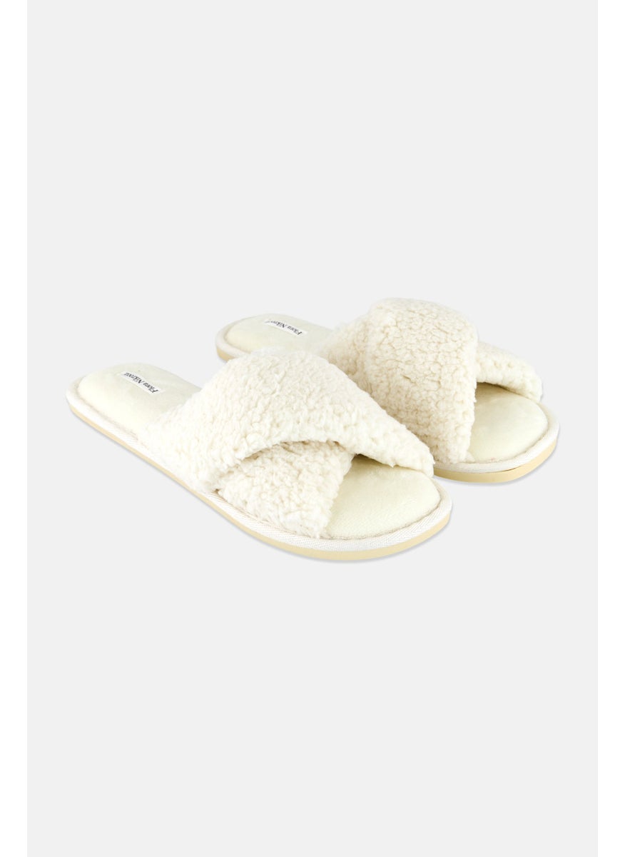 Flora Nikrooz - Women Faux Fur Slip On Slippers, Ivory - Image 1