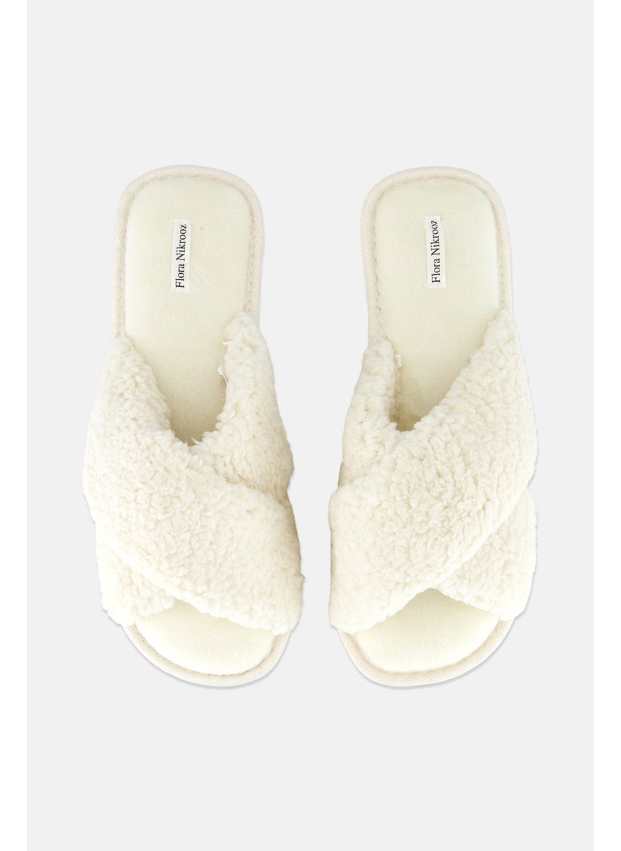 Flora Nikrooz - Women Faux Fur Slip On Slippers, Ivory - Image 1