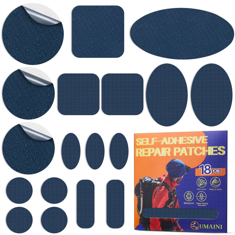 umaini Down Jacket Repair Patch Kit, Outdoor Gear Tenacious Repair Tape, Self Adhesive Fabric Patches for Clothes, Waterproof Ripstop Nylon Fabric Patch for Puffer Jacket, Coat, Tent (18 Pcs, Dark Blue) - Image 1