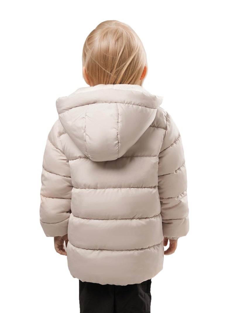 SOLOCOTE Toddler Girls Winter Coat Water Resistant Faux Down Filling Hooded Fleece Lined Little Kids Puffy Jacket Beige 7 Years - Image 3