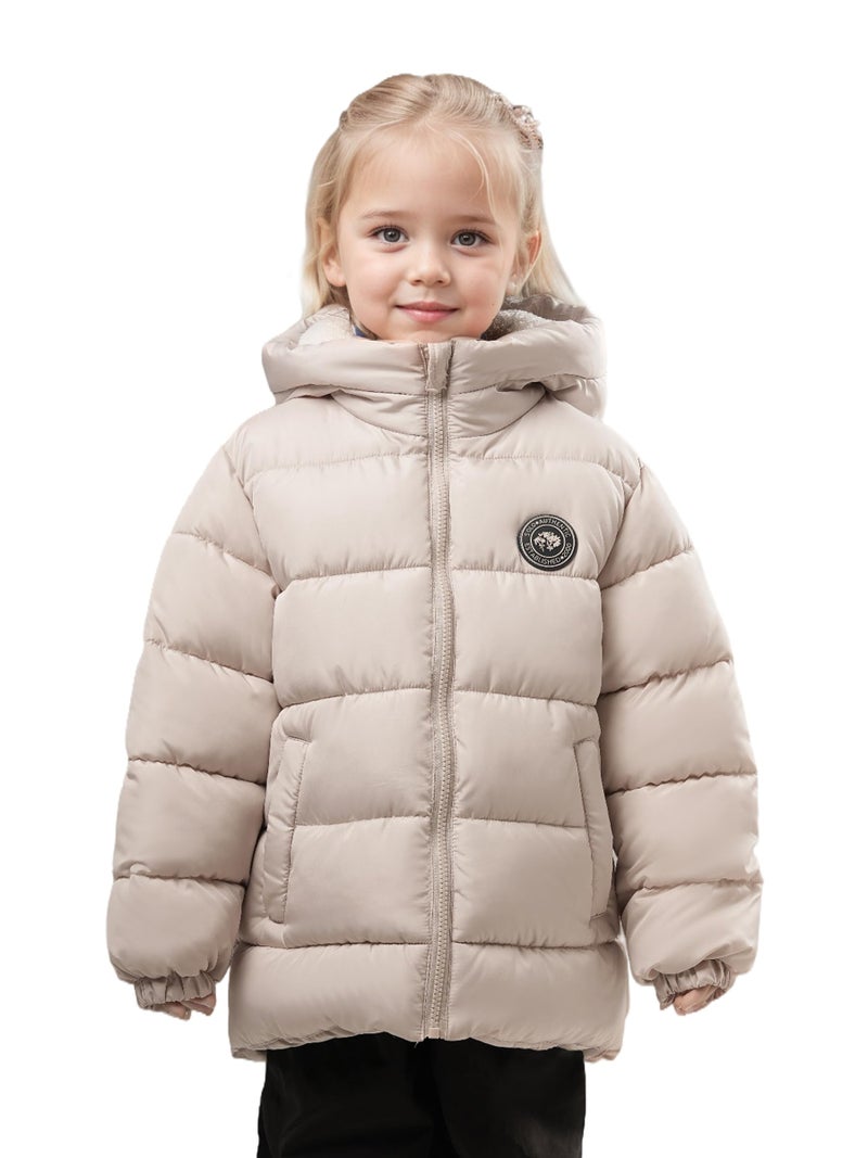 SOLOCOTE Toddler Girls Winter Coat Water Resistant Faux Down Filling Hooded Fleece Lined Little Kids Puffy Jacket Beige 7 Years - Image 1