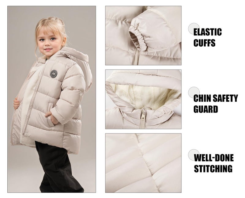 SOLOCOTE Toddler Girls Winter Coat Water Resistant Faux Down Filling Hooded Fleece Lined Little Kids Puffy Jacket Beige 7 Years - Image 4