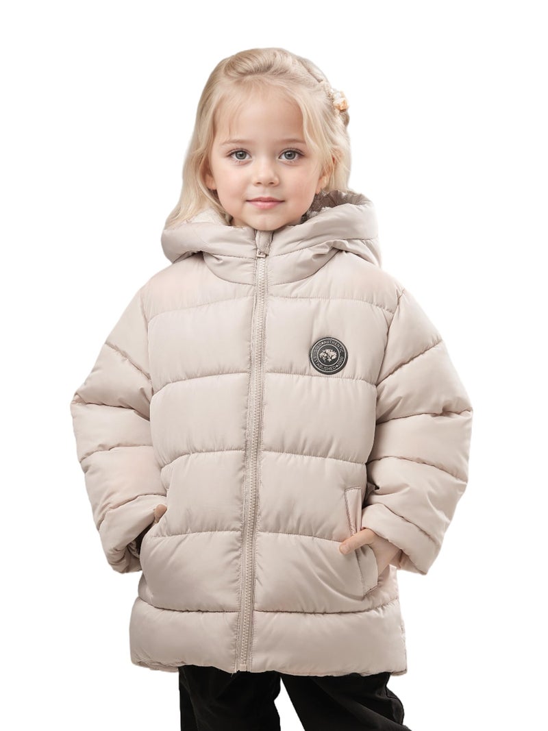 SOLOCOTE Toddler Girls Winter Coat Water Resistant Faux Down Filling Hooded Fleece Lined Little Kids Puffy Jacket Beige 7 Years - Image 5