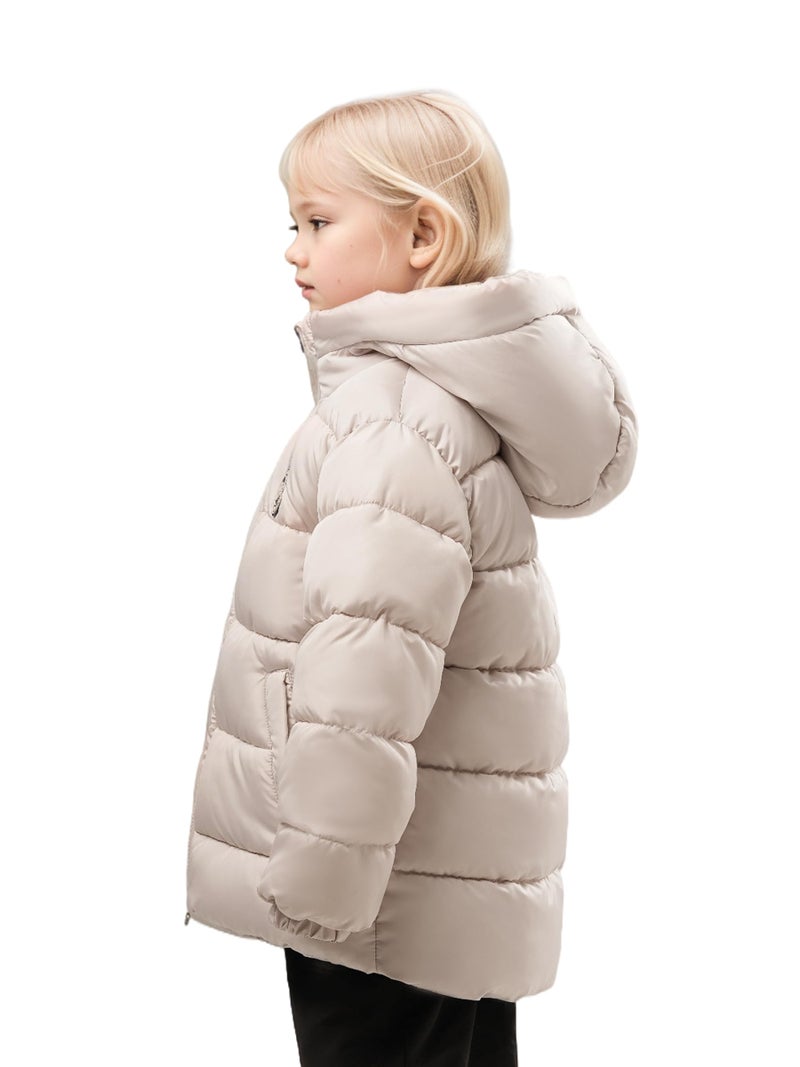 SOLOCOTE Toddler Girls Winter Coat Water Resistant Faux Down Filling Hooded Fleece Lined Little Kids Puffy Jacket Beige 7 Years - Image 2