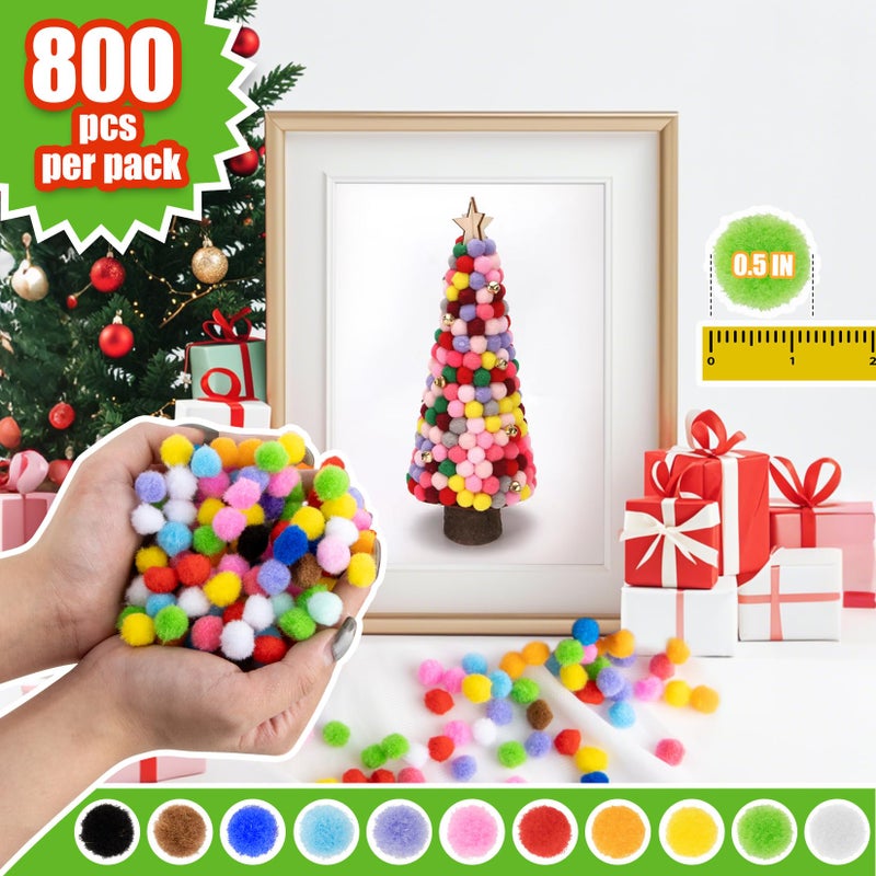 RAINFLOW 800 Pcs Small Pom Poms for Crafts - Craft Pompoms Balls,pompones para llaveros,Assorted Bright Color Bulk Arts and Making Hobby Supplies,Holiday Party,Christmas Decor,1/2 Inch - Image 2