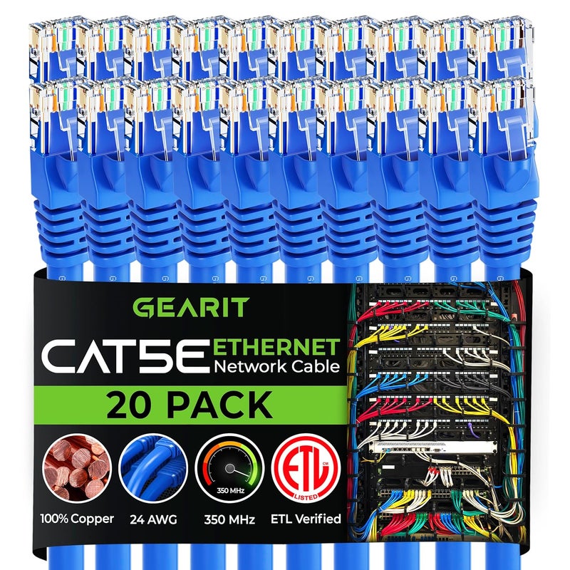 GearIT 20-Pack, Cat5e Ethernet Patch Cable 6 Feet - Snagless RJ45 Computer LAN Network Cord, Blue - Image 1