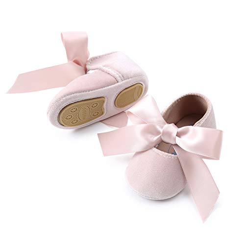 KIDSUN Infant Baby Girls Mary Jane Shoes Soft Sole Ballet Slippers Bow Princess Newborn Dress Wedding Flat Shoes (3-6 Months Infant, A-Beige(Velvet), 3_Months) - Image 1