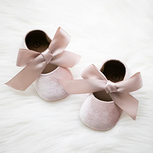 KIDSUN Infant Baby Girls Mary Jane Shoes Soft Sole Ballet Slippers Bow Princess Newborn Dress Wedding Flat Shoes (3-6 Months Infant, A-Beige(Velvet), 3_Months) - Image 5