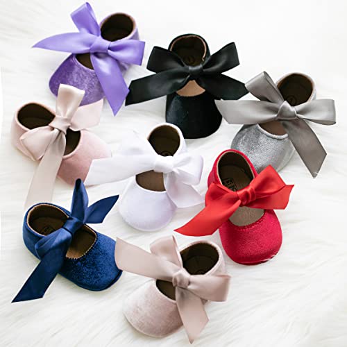 KIDSUN Infant Baby Girls Mary Jane Shoes Soft Sole Ballet Slippers Bow Princess Newborn Dress Wedding Flat Shoes (3-6 Months Infant, A-Beige(Velvet), 3_Months) - Image 2