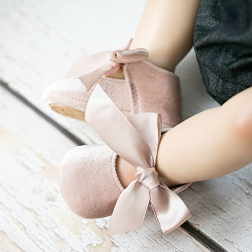 KIDSUN Infant Baby Girls Mary Jane Shoes Soft Sole Ballet Slippers Bow Princess Newborn Dress Wedding Flat Shoes (3-6 Months Infant, A-Beige(Velvet), 3_Months) - Image 4