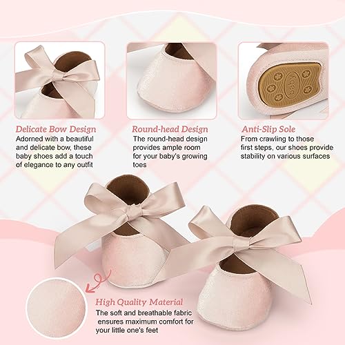 KIDSUN Infant Baby Girls Mary Jane Shoes Soft Sole Ballet Slippers Bow Princess Newborn Dress Wedding Flat Shoes (3-6 Months Infant, A-Beige(Velvet), 3_Months) - Image 3