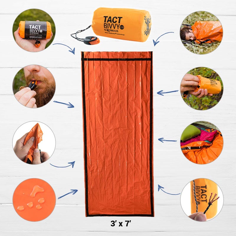 Survival Frog Tact BivvyÂ® 2.0 HeatEchoÂ® Emergency Sleeping Bag, Compact Ultra Lightweight, Waterproof, Thermal Bivy Cover, Emergency Shelter Survival Kit â€“ w/Stuff Sack, Carabiner, Survival Whistle + ParaTinder - Image 2