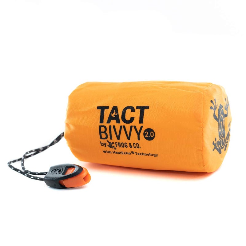 Survival Frog Tact BivvyÂ® 2.0 HeatEchoÂ® Emergency Sleeping Bag, Compact Ultra Lightweight, Waterproof, Thermal Bivy Cover, Emergency Shelter Survival Kit â€“ w/Stuff Sack, Carabiner, Survival Whistle + ParaTinder - Image 1