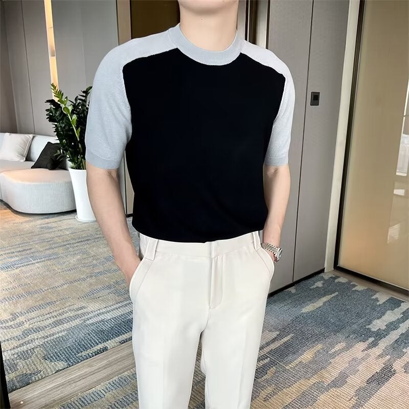 Korean-Style Summer Short-Sleeved Men'S Casual Breathable T-Shirt Color-Block Elegant Half-Sleeve Round Neck Lightweight Trendy Knitted Base Shirt - Image 4